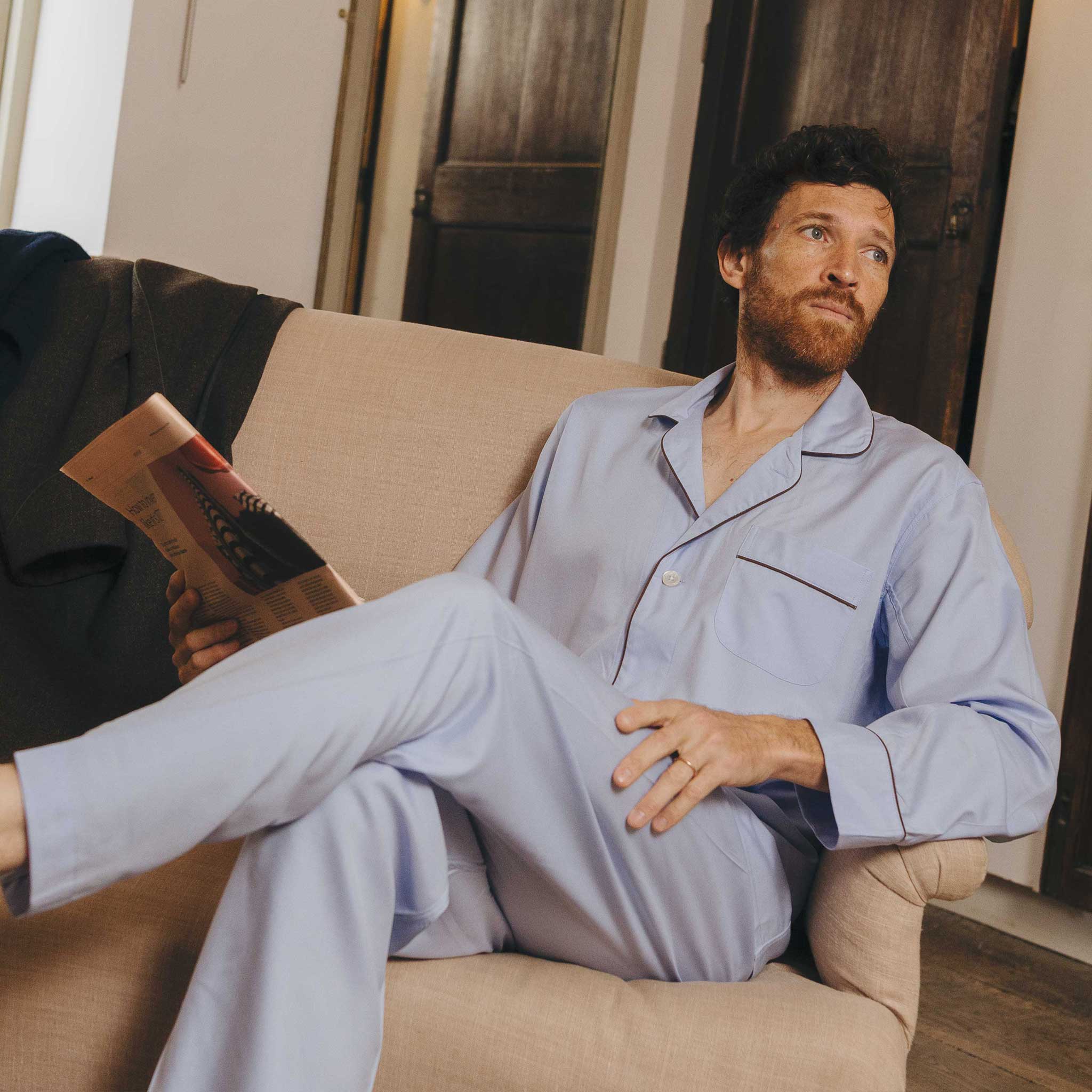 Silk Pyjamas in Sky Blue and Chocolate - Image 2