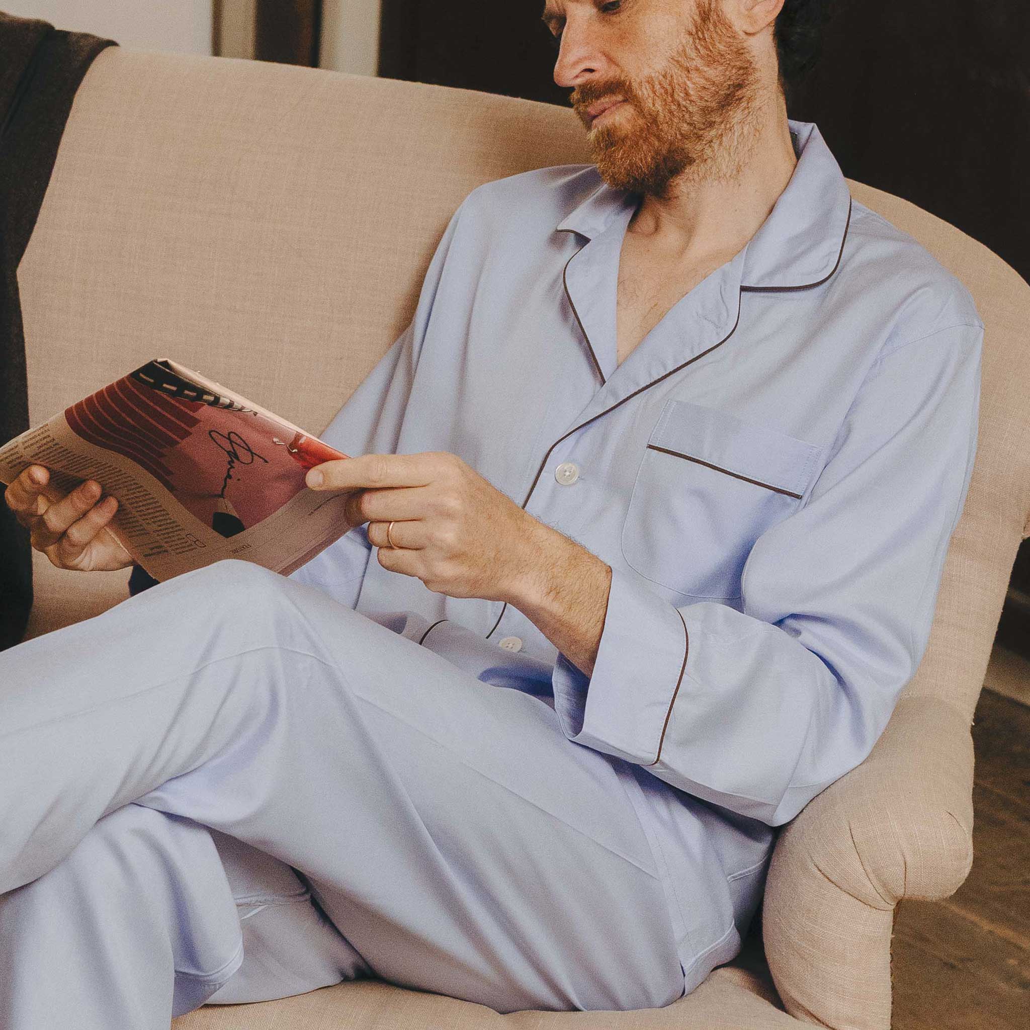 Silk Pyjamas in Sky Blue and Chocolate - Image 7