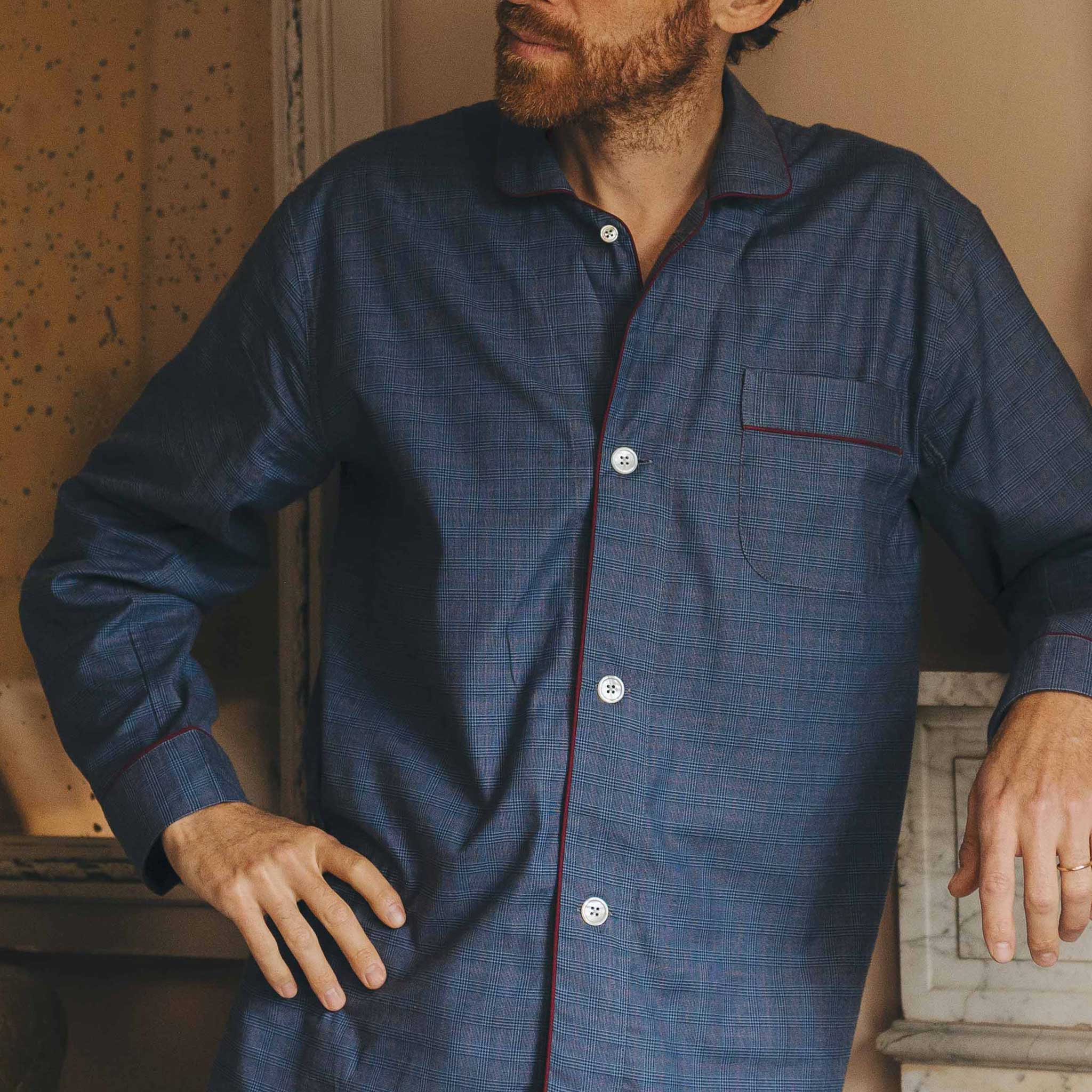 Swiss Brushed Cotton Glencheck Pyjamas in Blue and Wine - Image 4