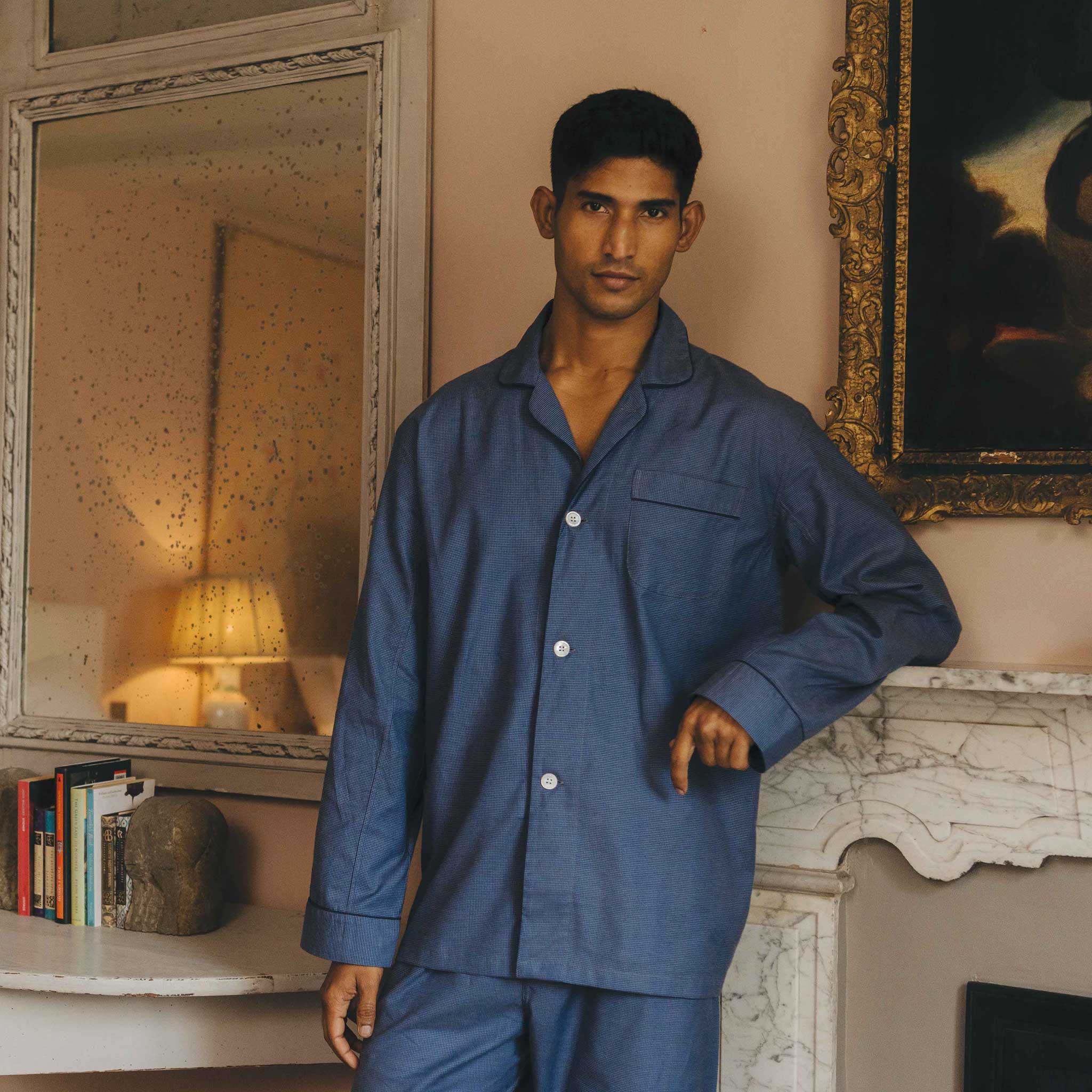 Swiss Brushed Cotton Puppytooth Pyjamas in Blue and Navy - Image 2