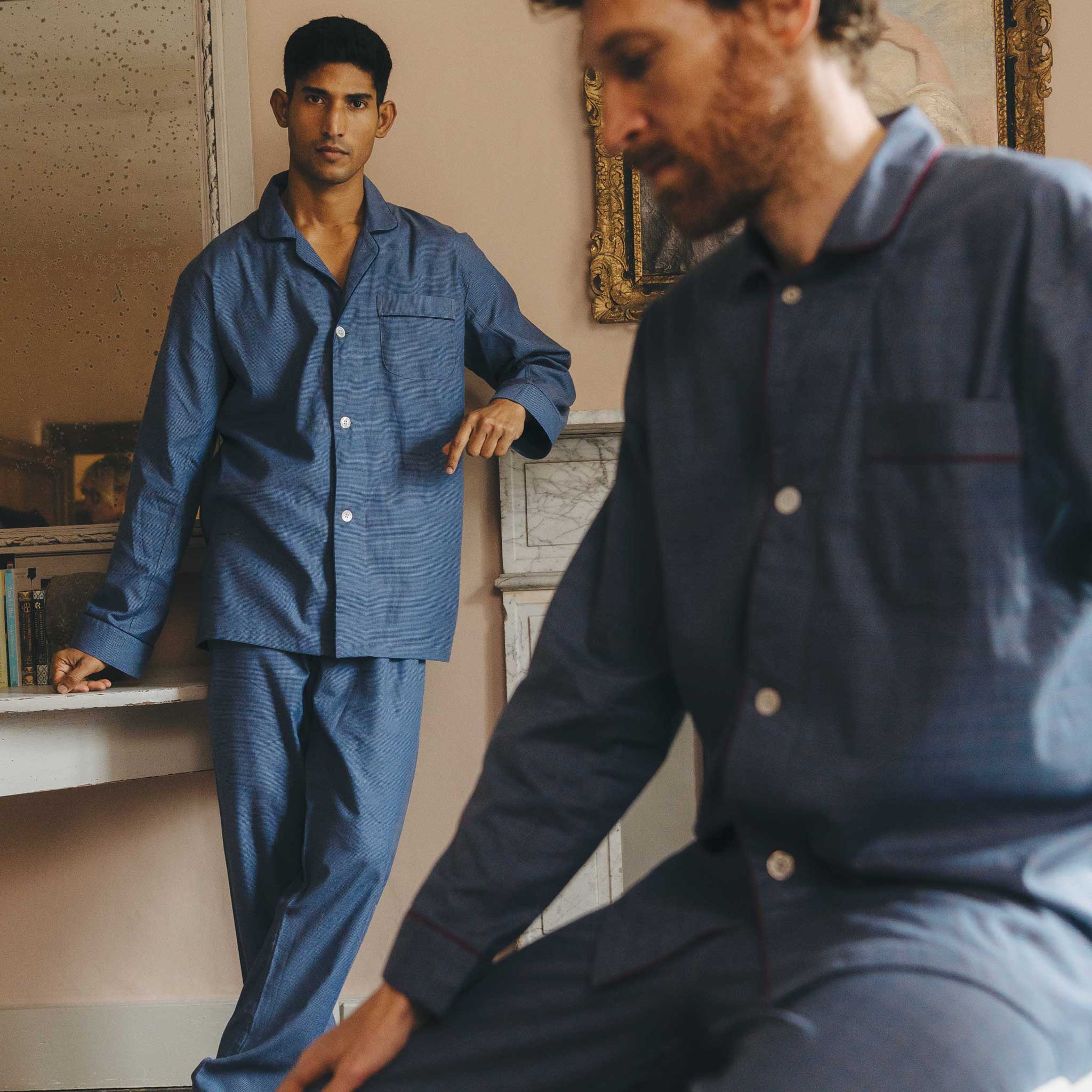 Swiss Brushed Cotton Puppytooth Pyjamas in Blue and Navy - Image 7