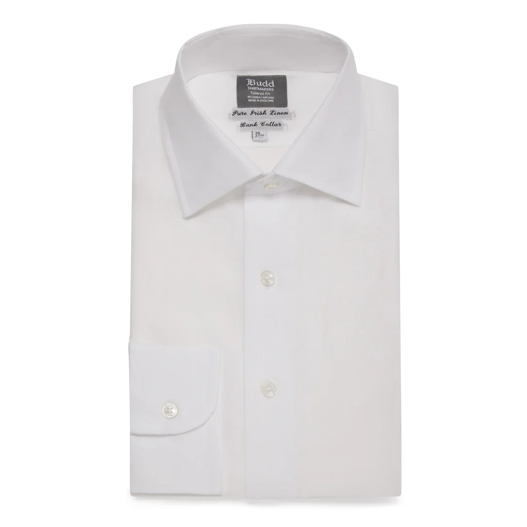 Tailored Fit Bank Collar Linen Button Cuff Shirt in White