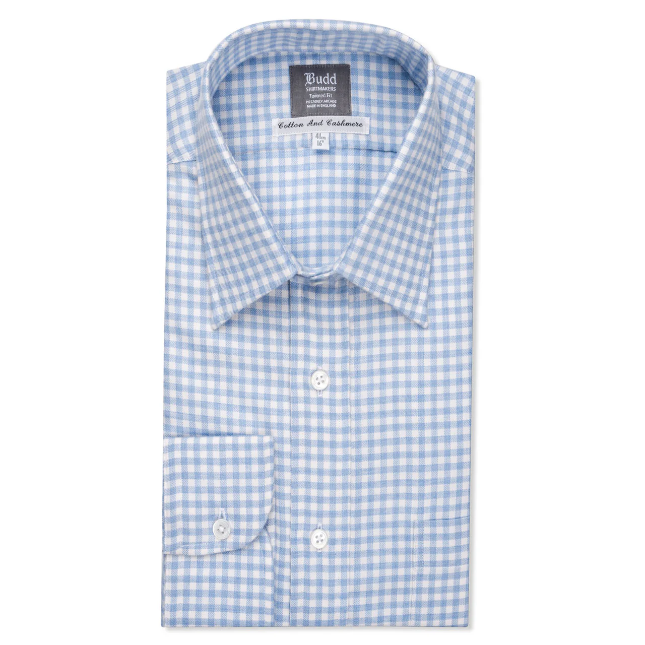 Tailored Fit Block Check Cotton and Cashmere Shirt in Sky Blue