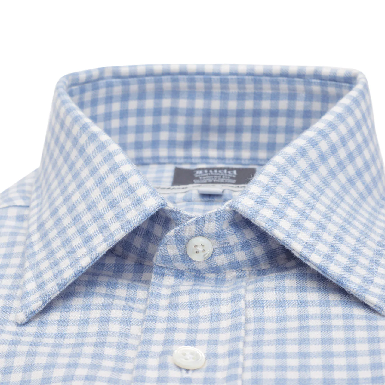 Tailored Fit Block Check Cotton and Cashmere Shirt in Sky Blue - Image 3
