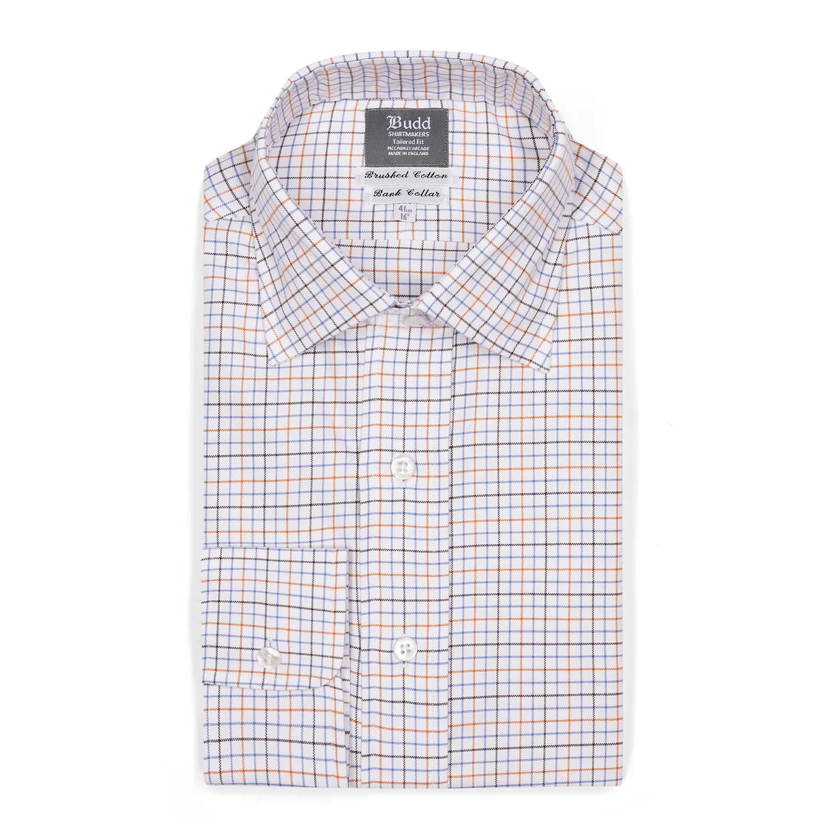 Tailored Fit Flanello Brushed Cotton Check Shirt in Blue and Orange