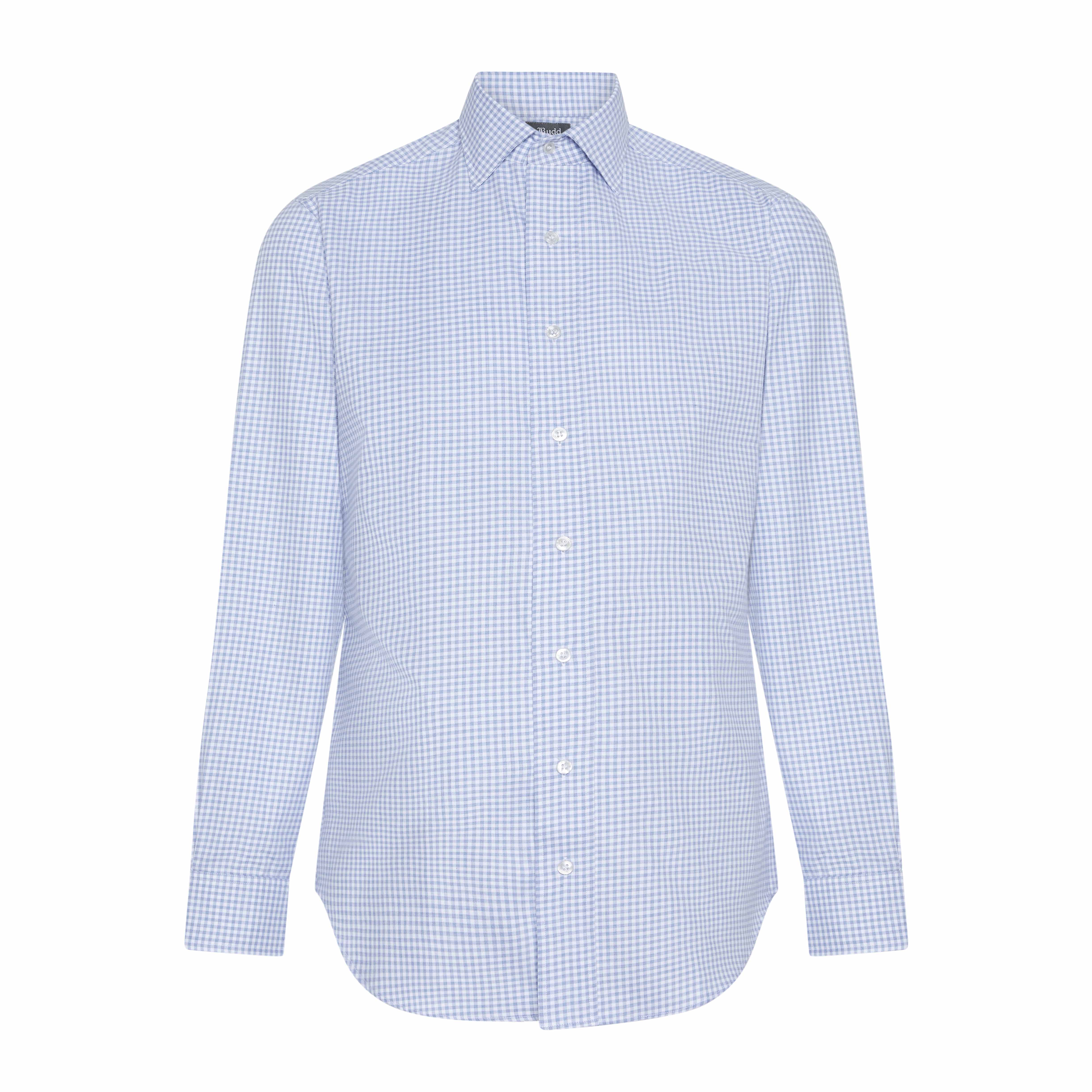 Tailored Fit Flanello Brushed Cotton Gingham Shirt in Sky Blue - Image 3