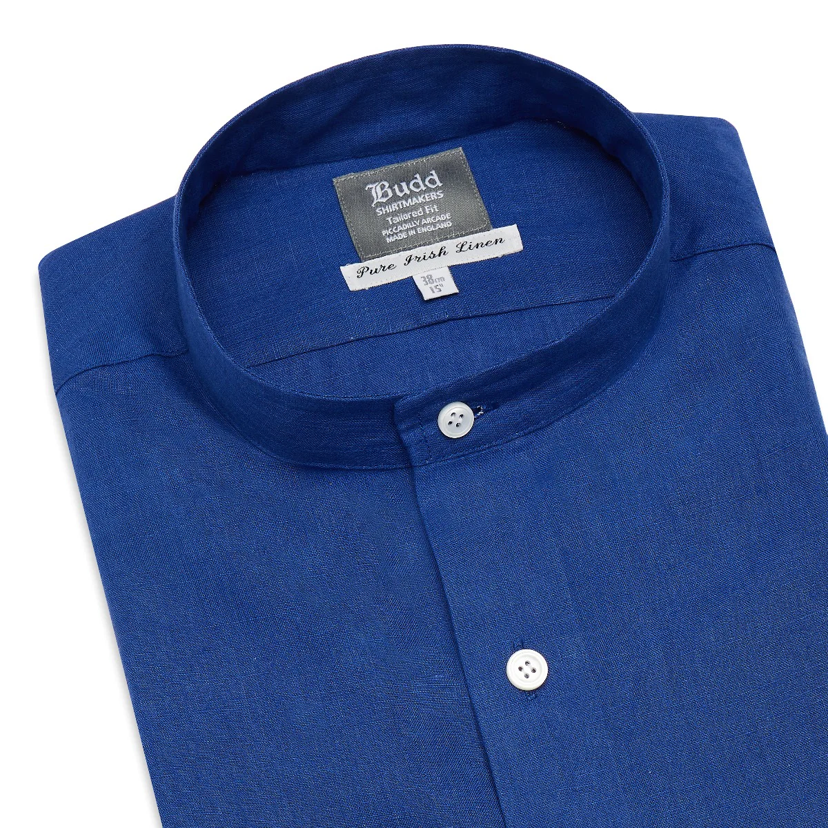 Tailored Fit Grandad Collar Linen Shirt in Budd Blue - Image 2