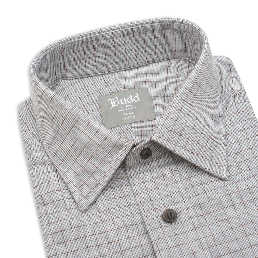 Tailored Fit Micro Houndstooth Brushed Cotton Button Cuff Shirt in Brown and Grey - Image 2