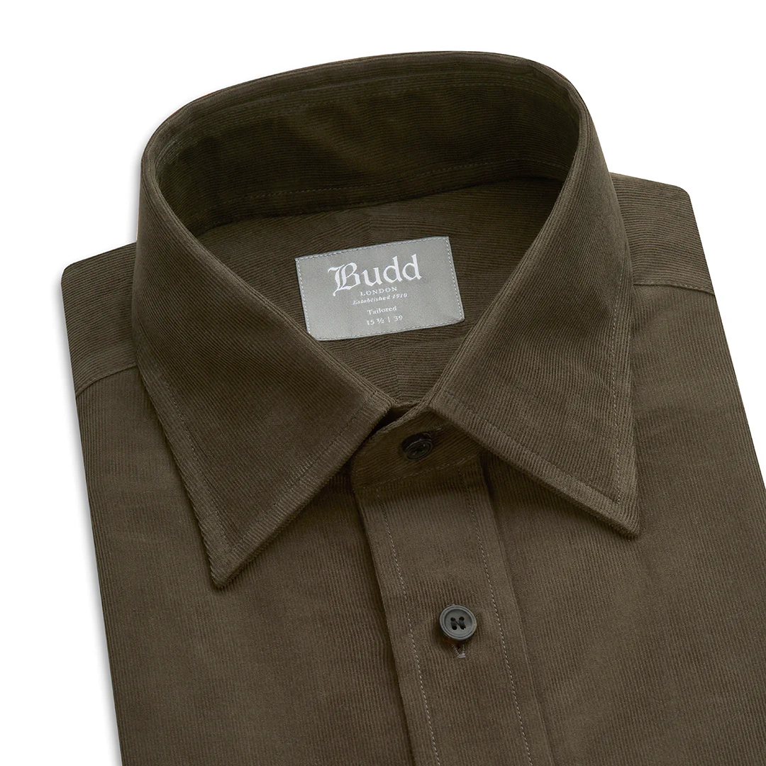 Tailored Fit Plain Fine Corduroy Button Cuff Shirt in Brown - Image 2