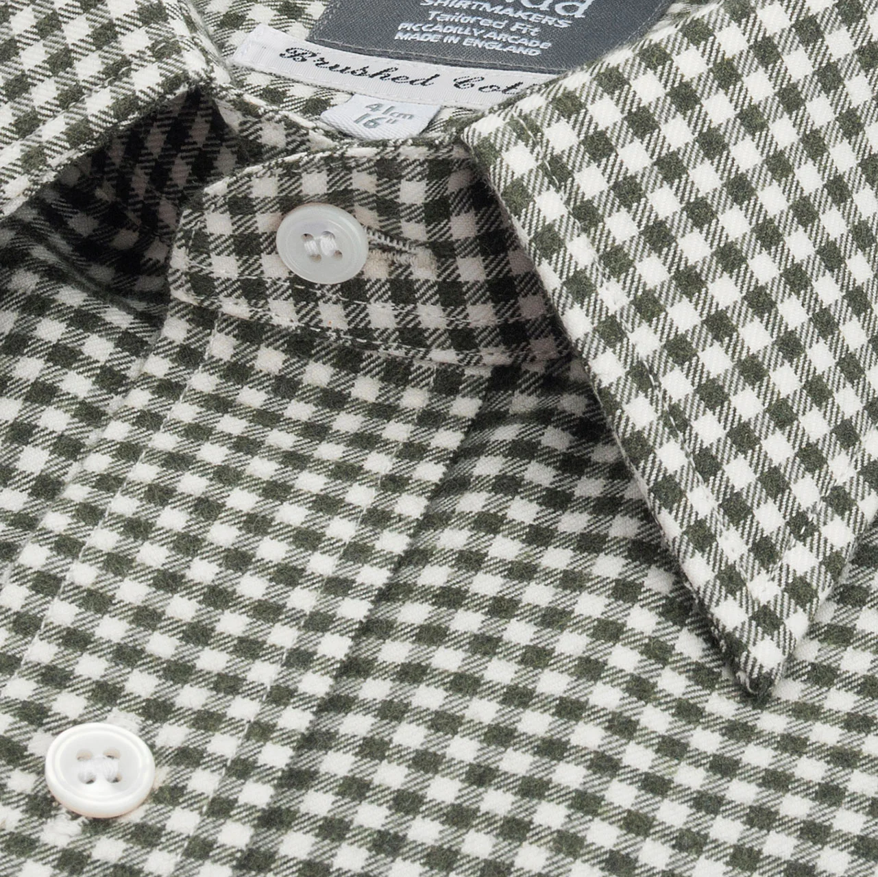 Tailored Fit Small Gingham Brushed Cotton Button Cuff Shirt in Green - Image 3