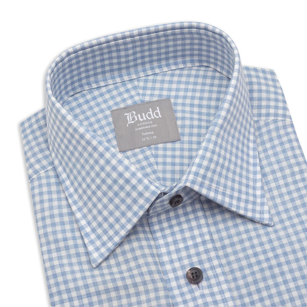 Tailored Fit Small Gingham Brushed Cotton Button Cuff Shirt in Sky Blue - Image 2