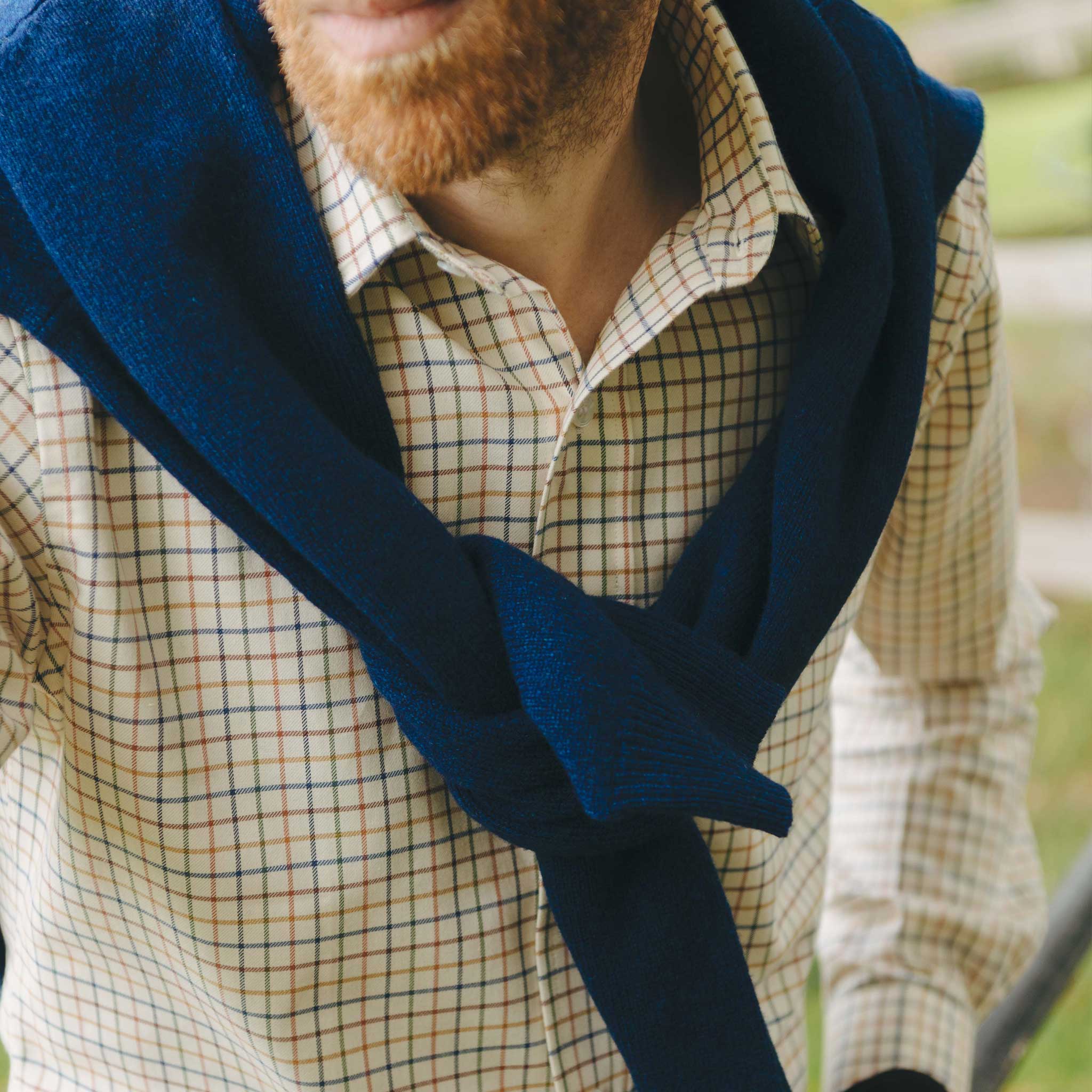Tattersall Check Brushed Cotton Tailored Fit Button Cuff Shirt in Brown Blue - Image 3