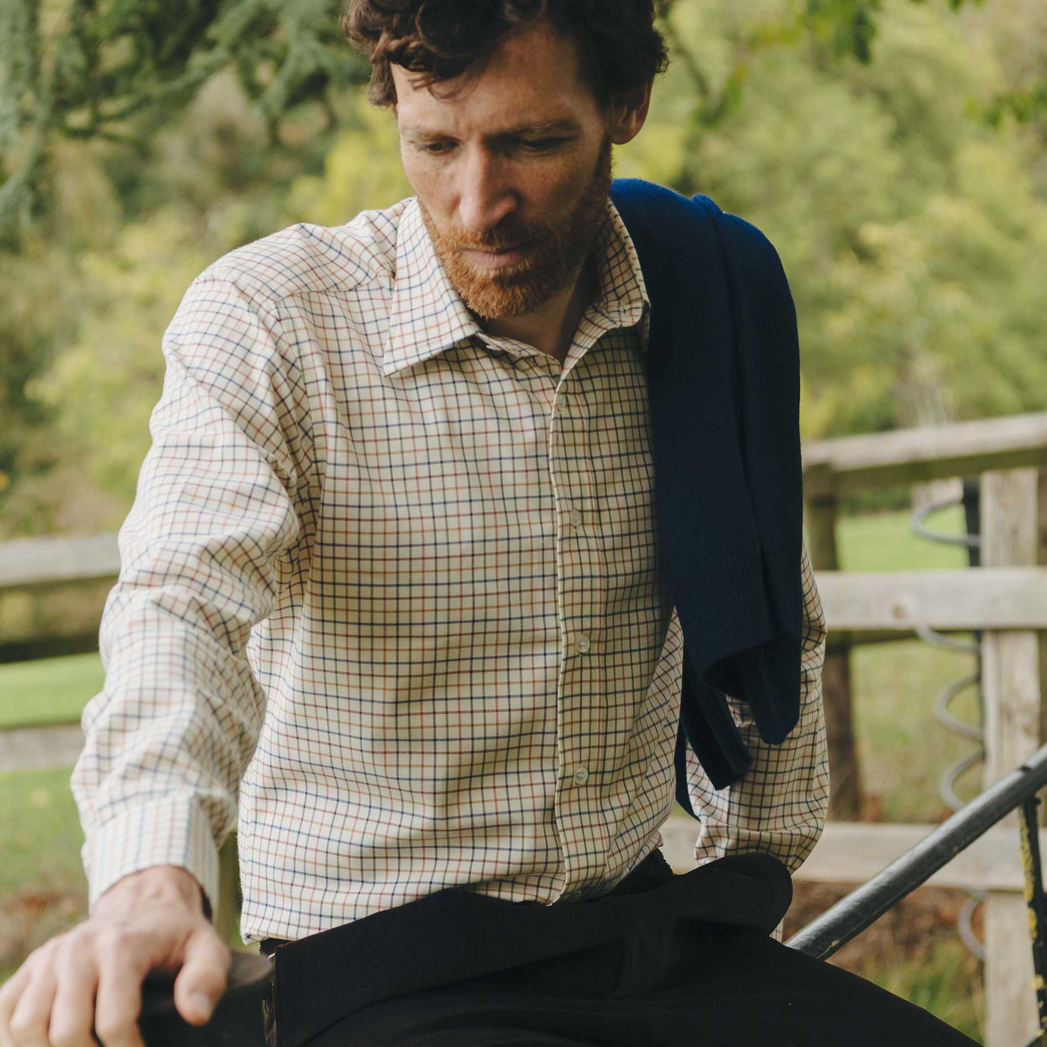 Tattersall Check Brushed Cotton Tailored Fit Button Cuff Shirt in Brown Blue - Image 4