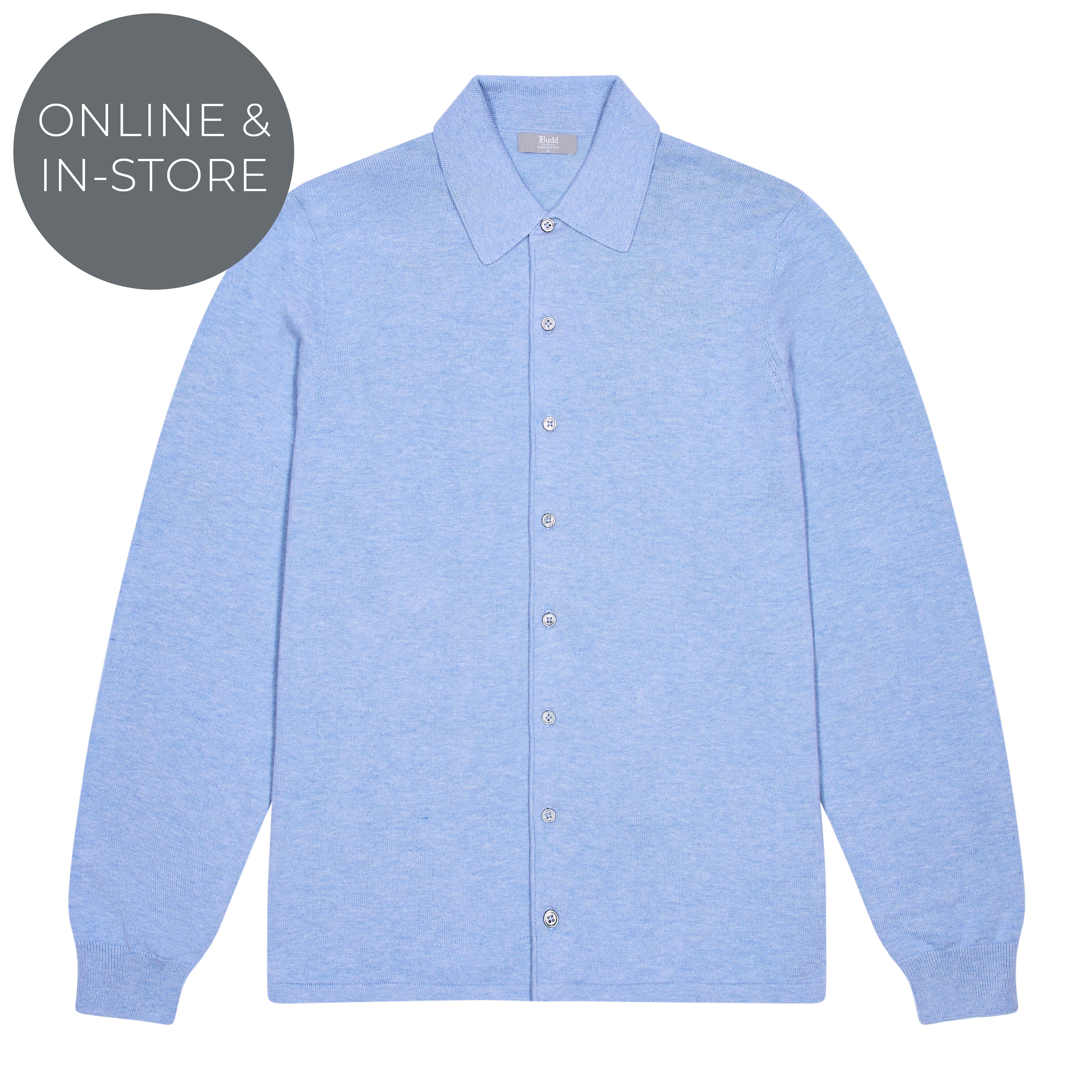 Walton Cotton and Cashmere Fine Knit Long Sleeve Shirt in Capri