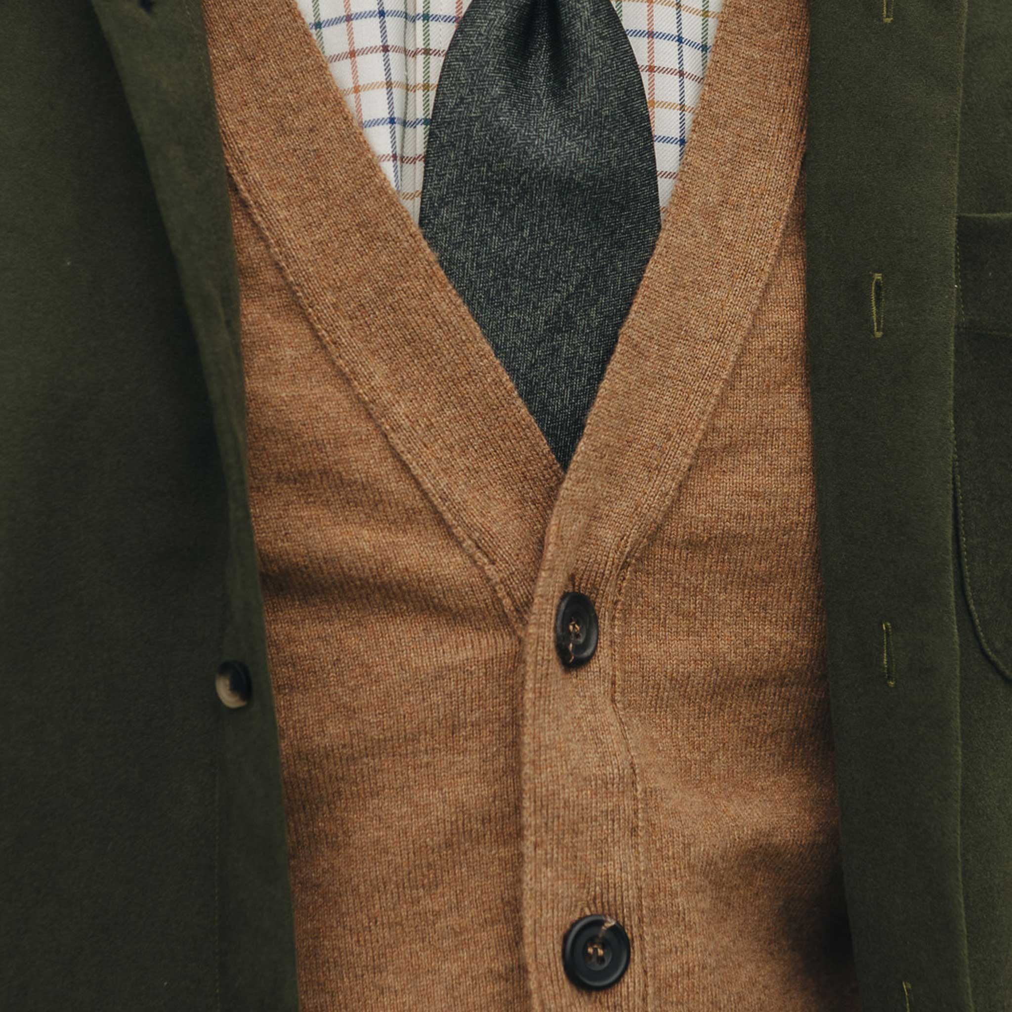 Wilton Scottish Cashmere Sleeveless Cardigan in Caramel Tan - Image 3