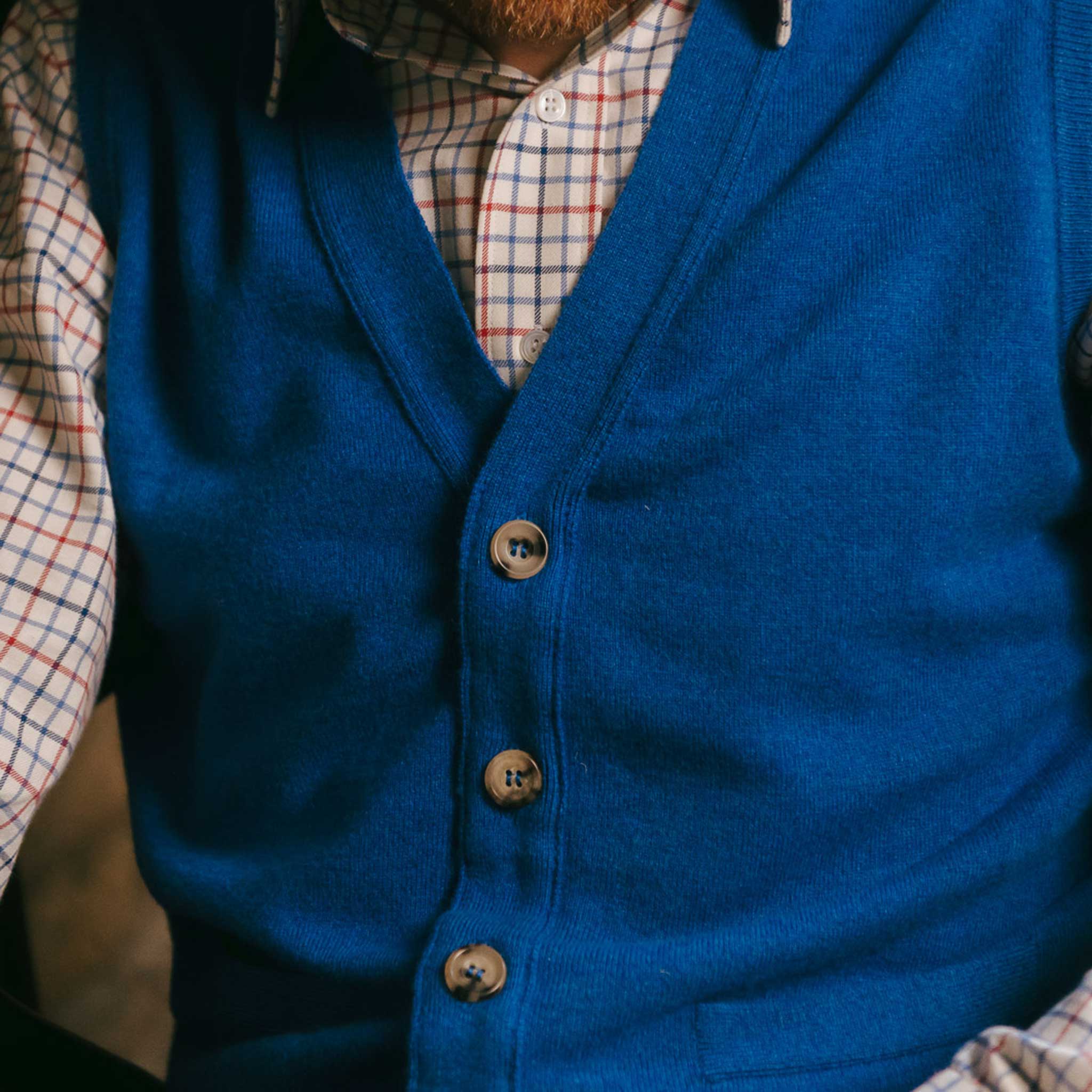 Wilton Scottish Cashmere Sleeveless Cardigan in Coast Blue - Image 3