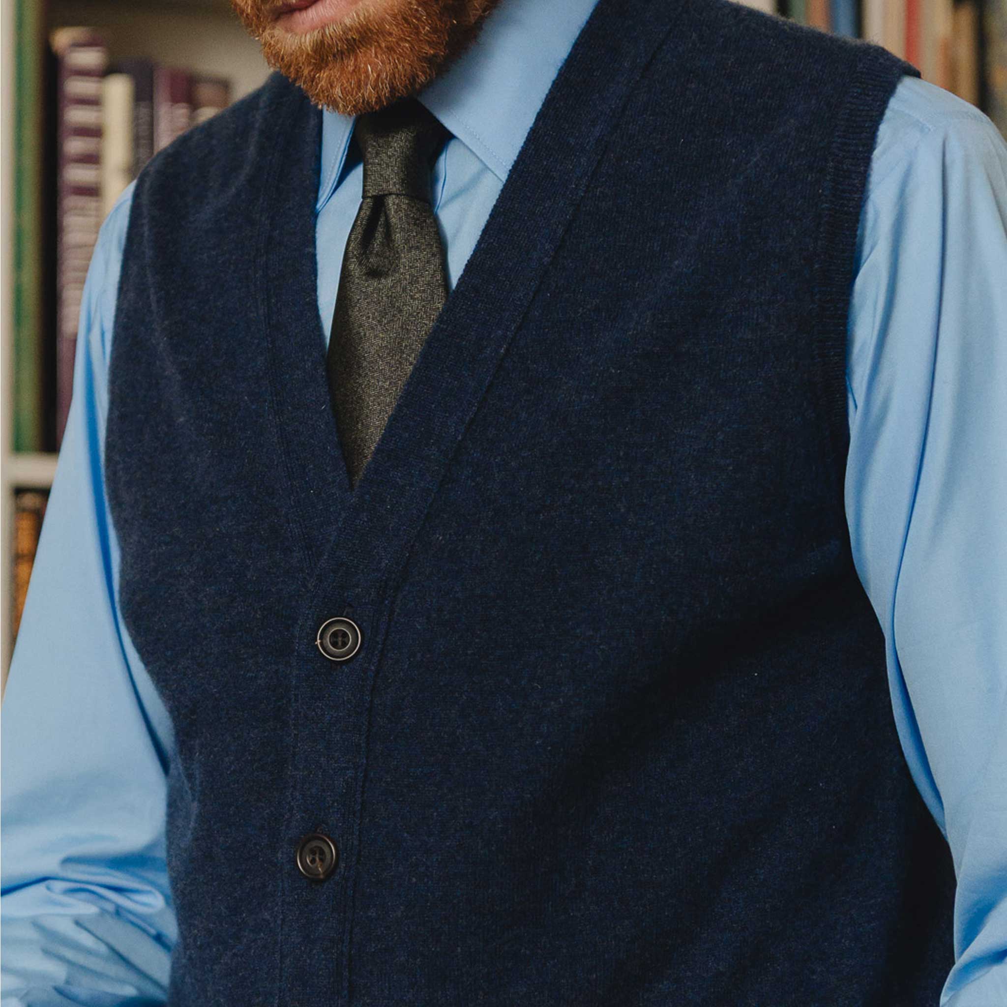 Wilton Scottish Cashmere Sleeveless Cardigan in Cosmos Blue - Image 3