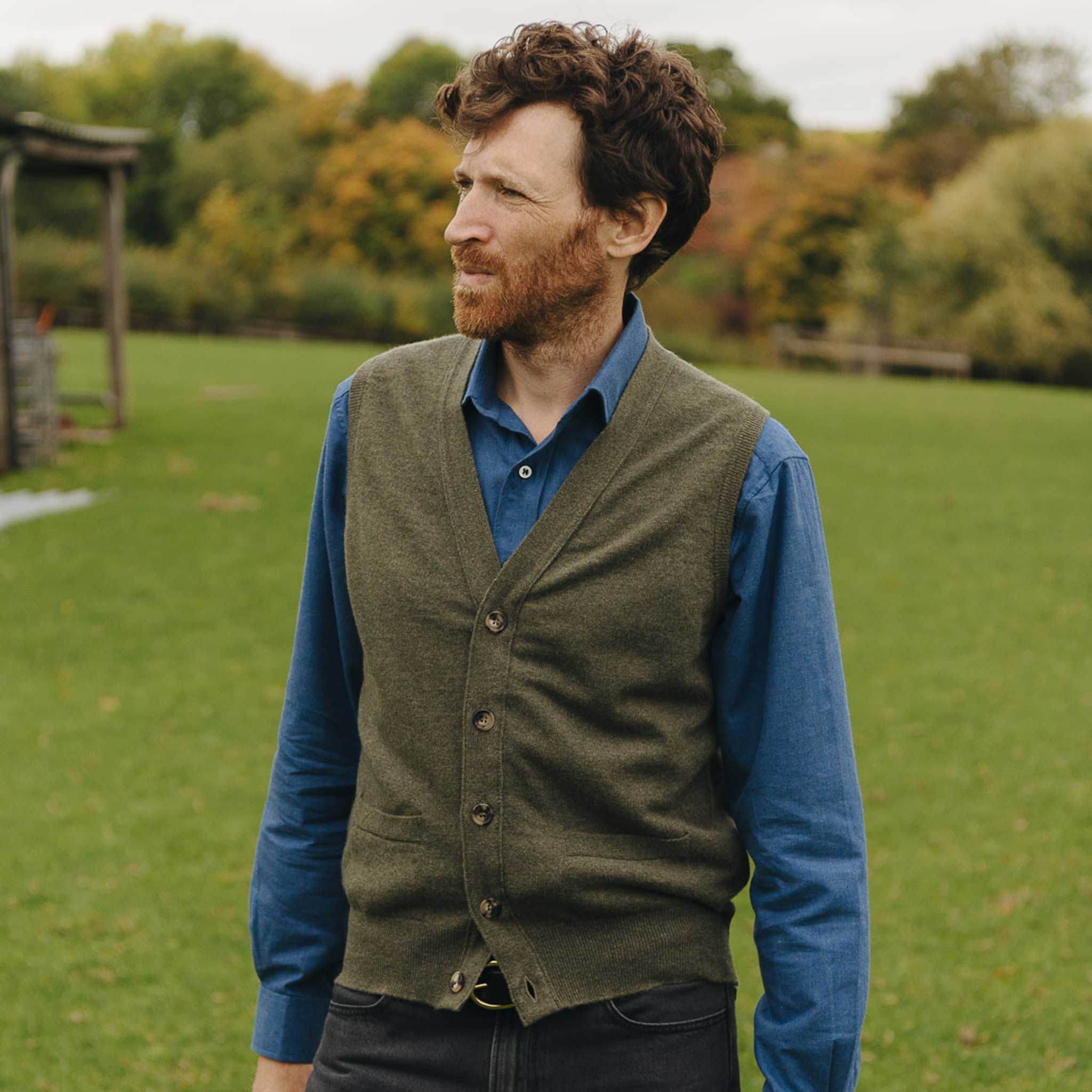 Wilton Scottish Cashmere Sleeveless Cardigan in Loden Green - Image 3