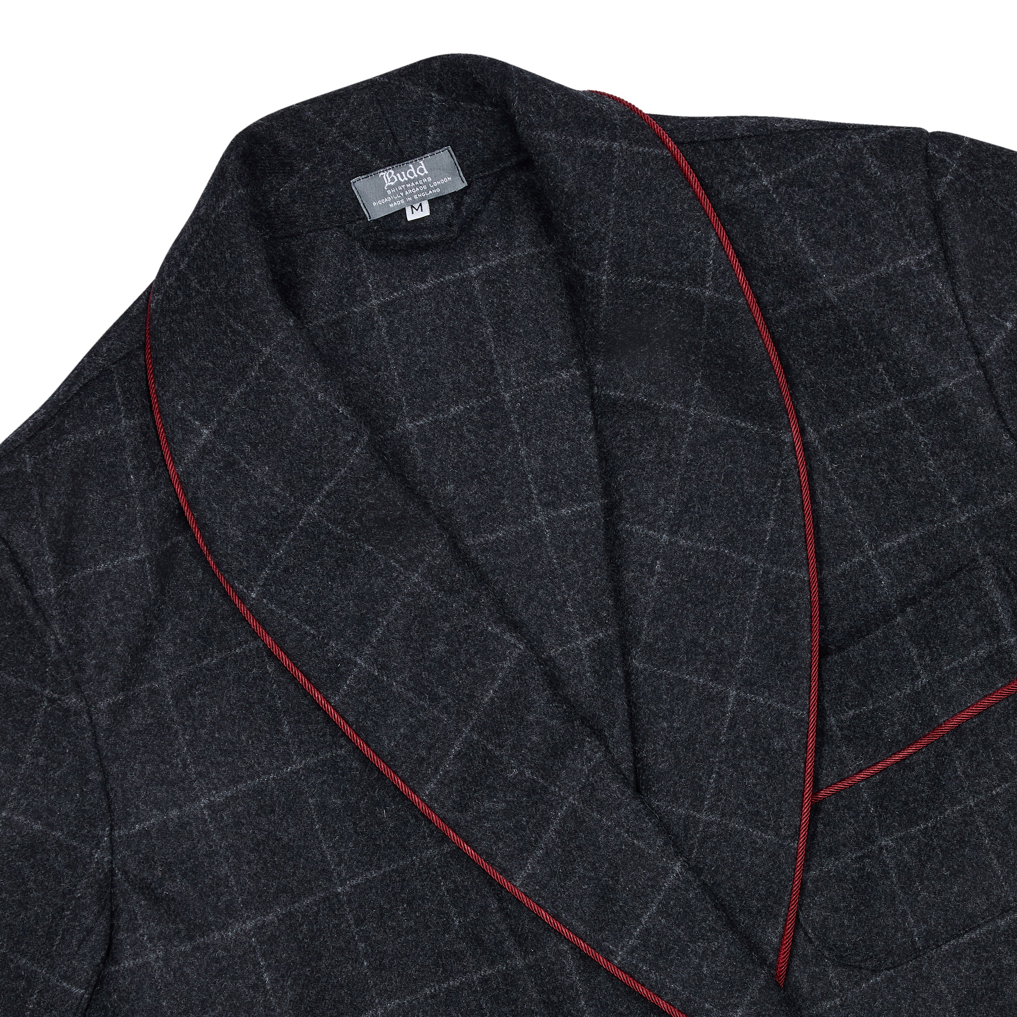 Windowpane Fox Flannel Wool Dressing Gown in Charcoal and Wine - Image 2