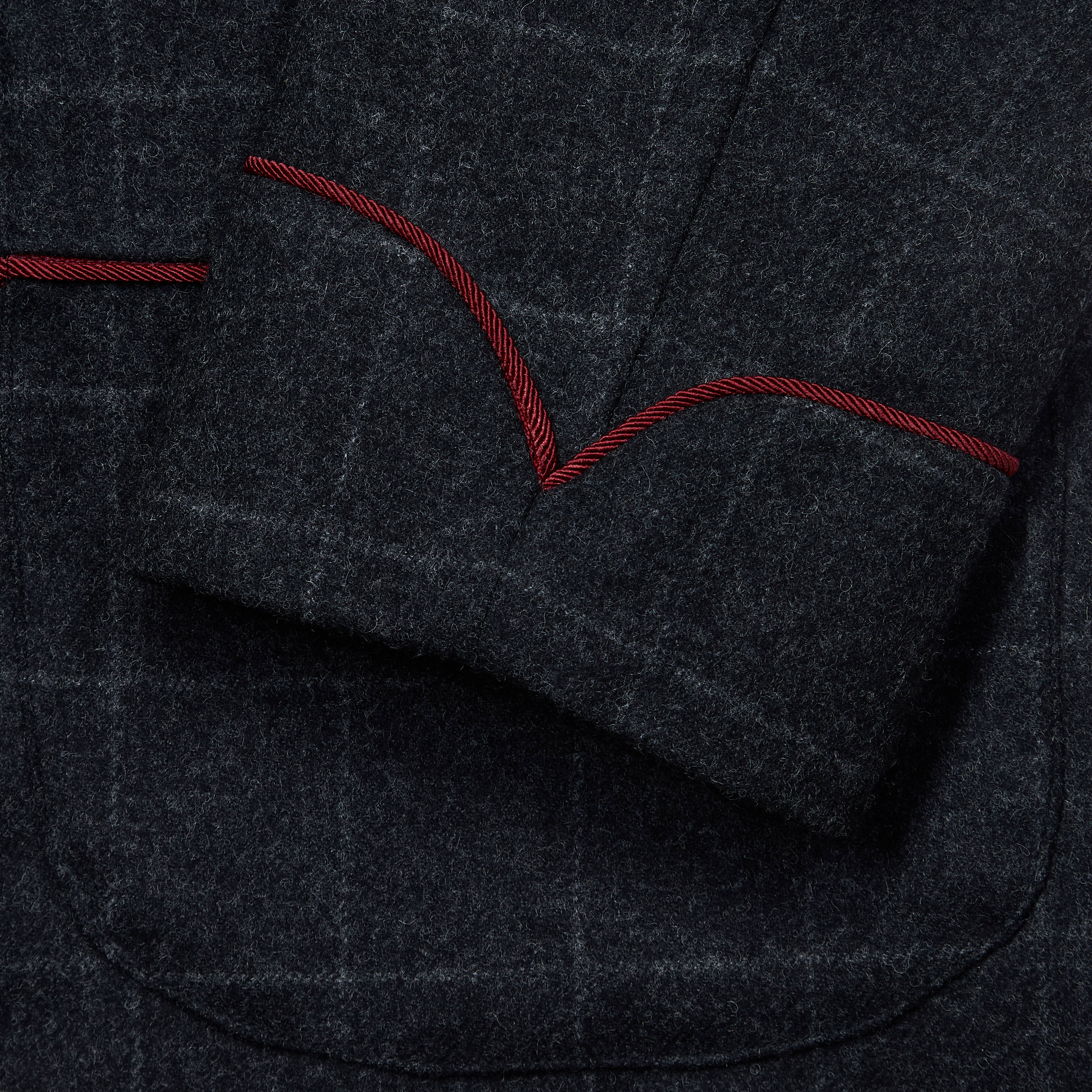 Windowpane Fox Flannel Wool Dressing Gown in Charcoal and Wine - Image 3